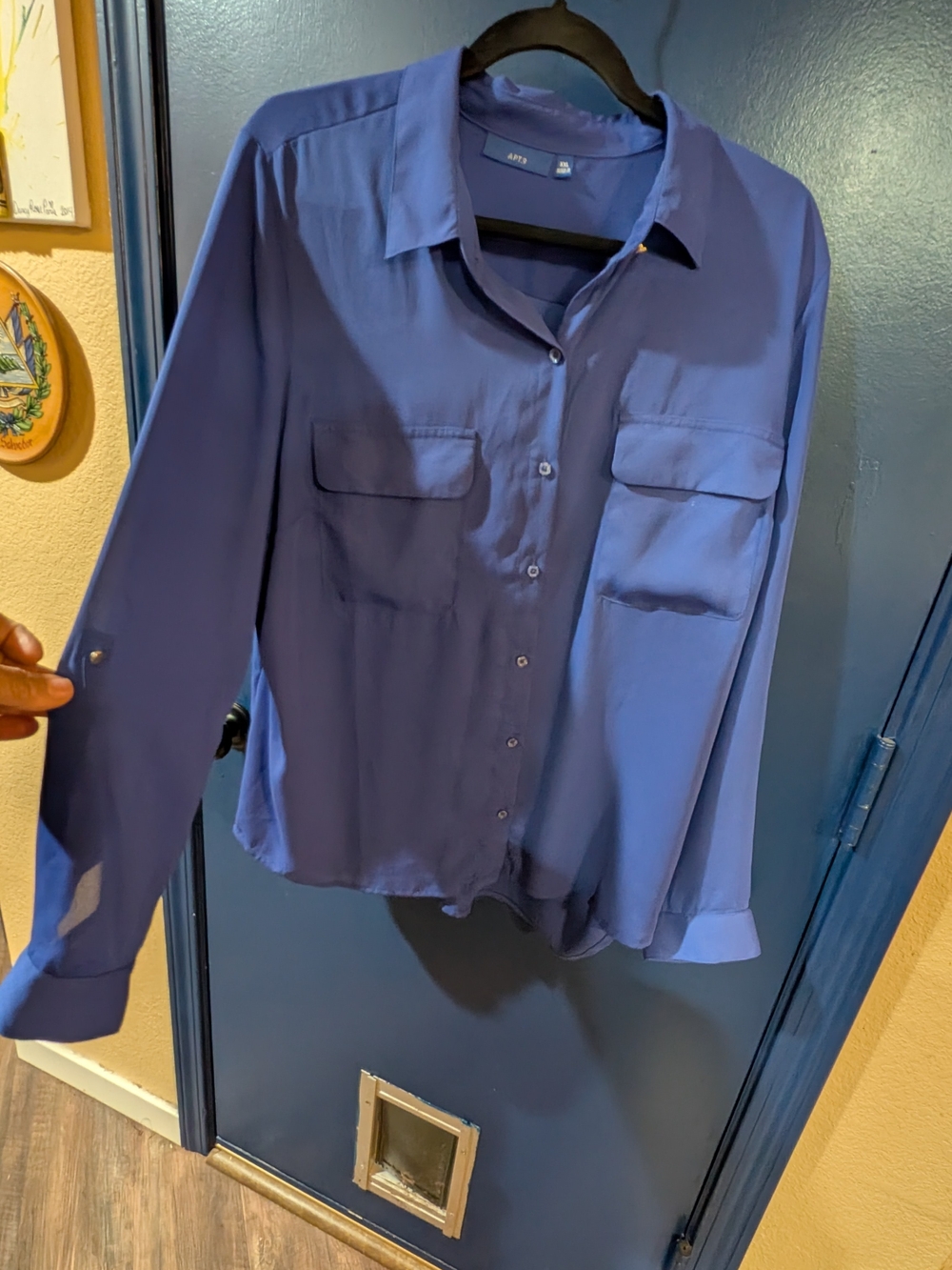 APT. 9 XXL Cobalt Blue Button Front Blouse Roll Tab Sleeve Utility Shirt